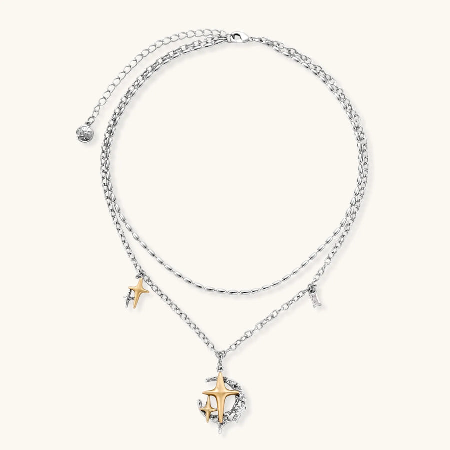 Layered silver-tone necklace set featuring star charms and crescent moon pendant with eco-friendly zinc alloy construction