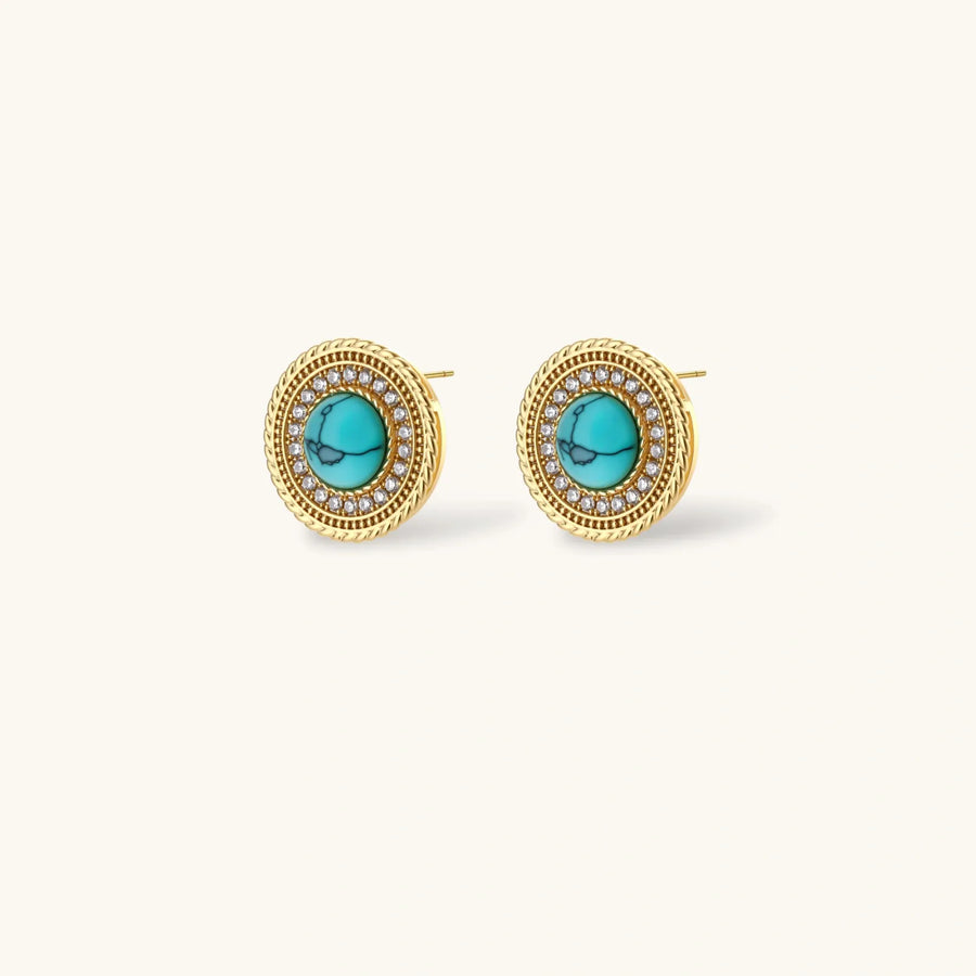 Gold-plated turquoise jewelry set with circular medallion pendant, beaded necklace, and matching stud earrings on white background