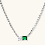 Modern square-cut cubic zirconia jewelry set with white gold plated chain, featuring emerald green or golden yellow stones.