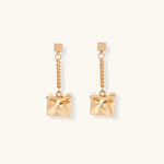 Modern geometric drop earrings with square stud posts, delicate chains, and textured square pendants in eco-zinc alloy