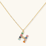 Gold-plated letter H jewelry set with multicolor zirconia stones in emerald cuts, showing necklace pendant and matching earrings