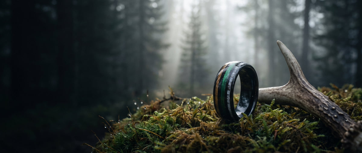 Antler inlay ring for men on moss beside a deer antler in a misty pine forest