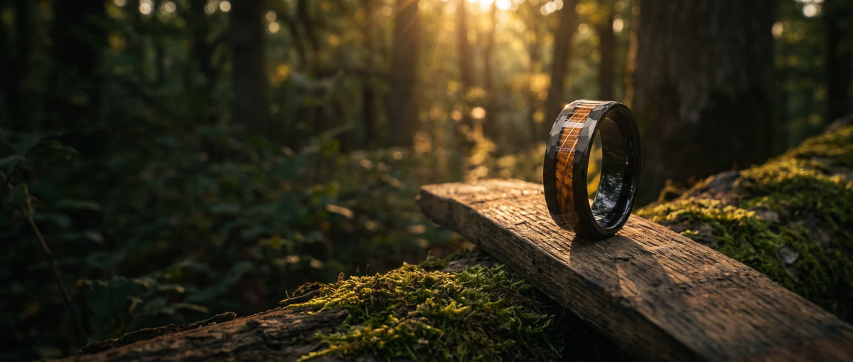 Wood inlay tungsten ring on a whiskey barrel stave in an oak forest