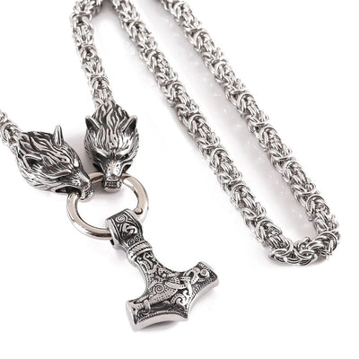 Viking Thor's Hammer Wolf Head Pendant Stainless Steel Necklace