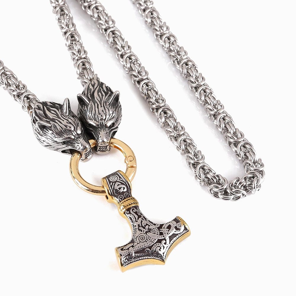 Viking Thor's Hammer Wolf Head Pendant Stainless Steel Necklace