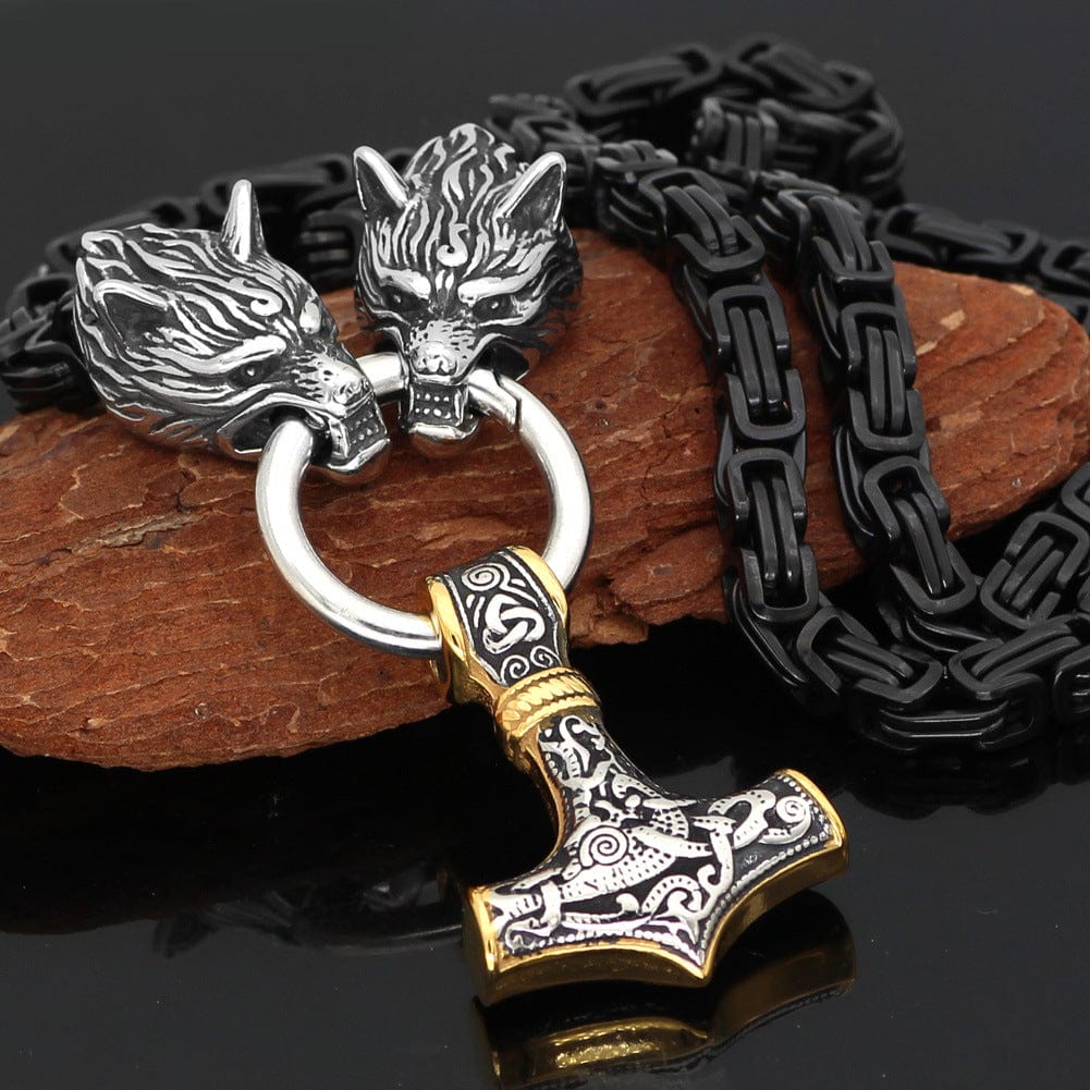 Viking Empror Mjolnir Stainless Steel Chain with Gold and Silver Pendant