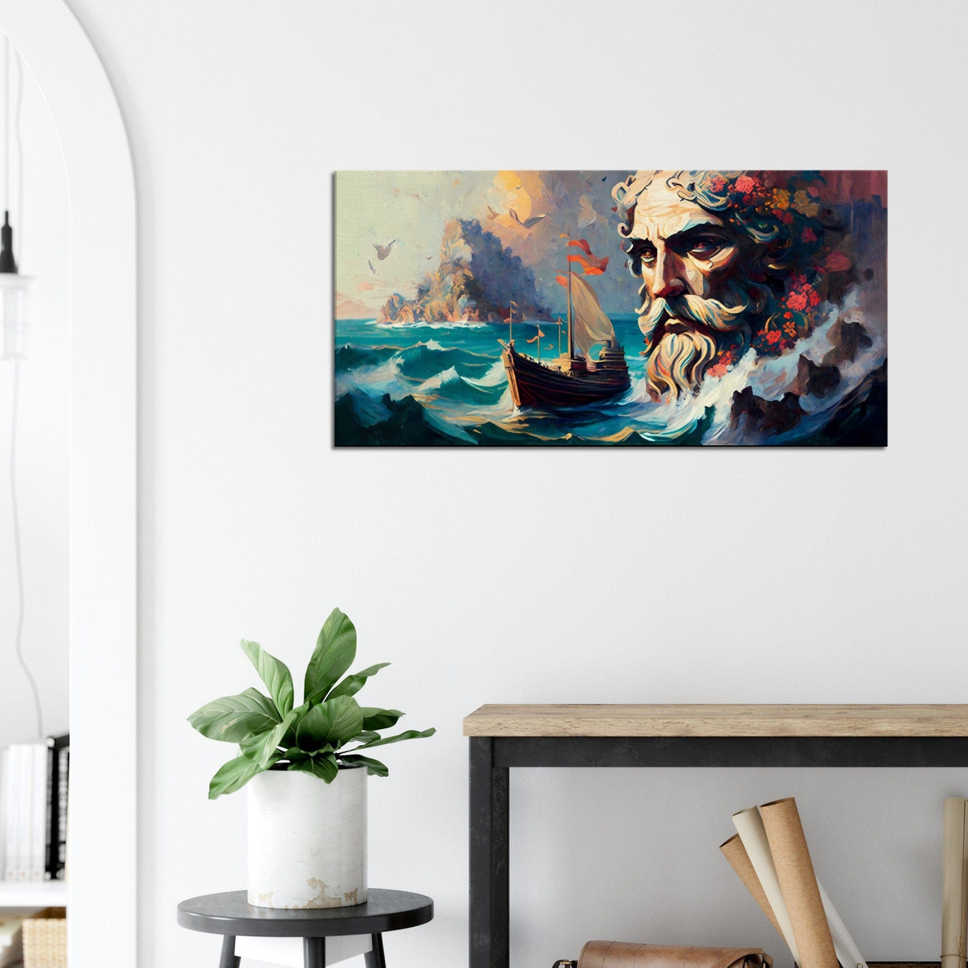 The Epic Adventure of Odysseus - Oil Painting Printed Canvas. 50X100.