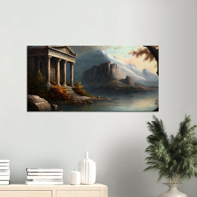 Reflections of the Gods: The Temple on the Lake - Oil Painting Printed Canvas. 50X100.