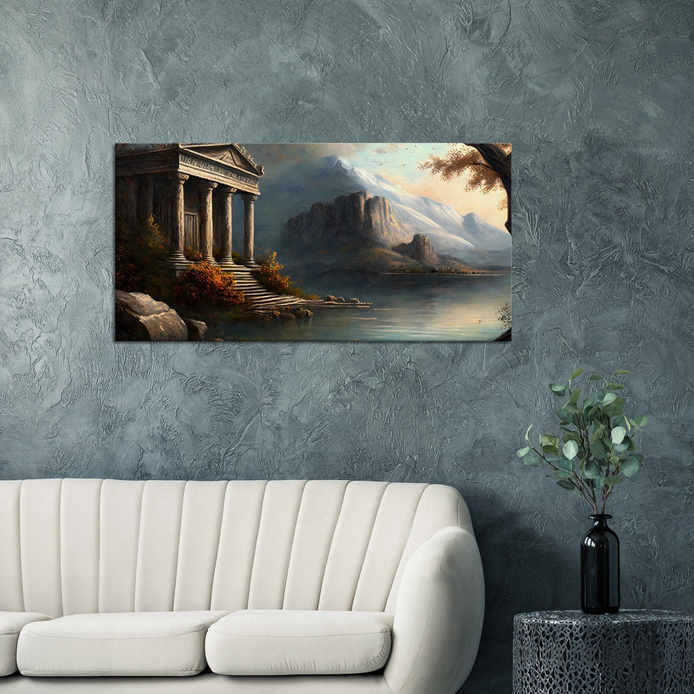 Reflections of the Gods: The Temple on the Lake - Oil Painting Printed Canvas. 50X100.