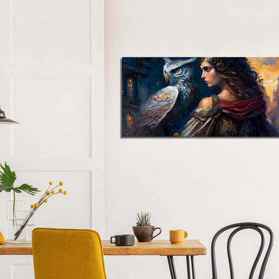 The Protector of the City: Athena and her Owl - Oil Painting Printed Canvas. 50X100.