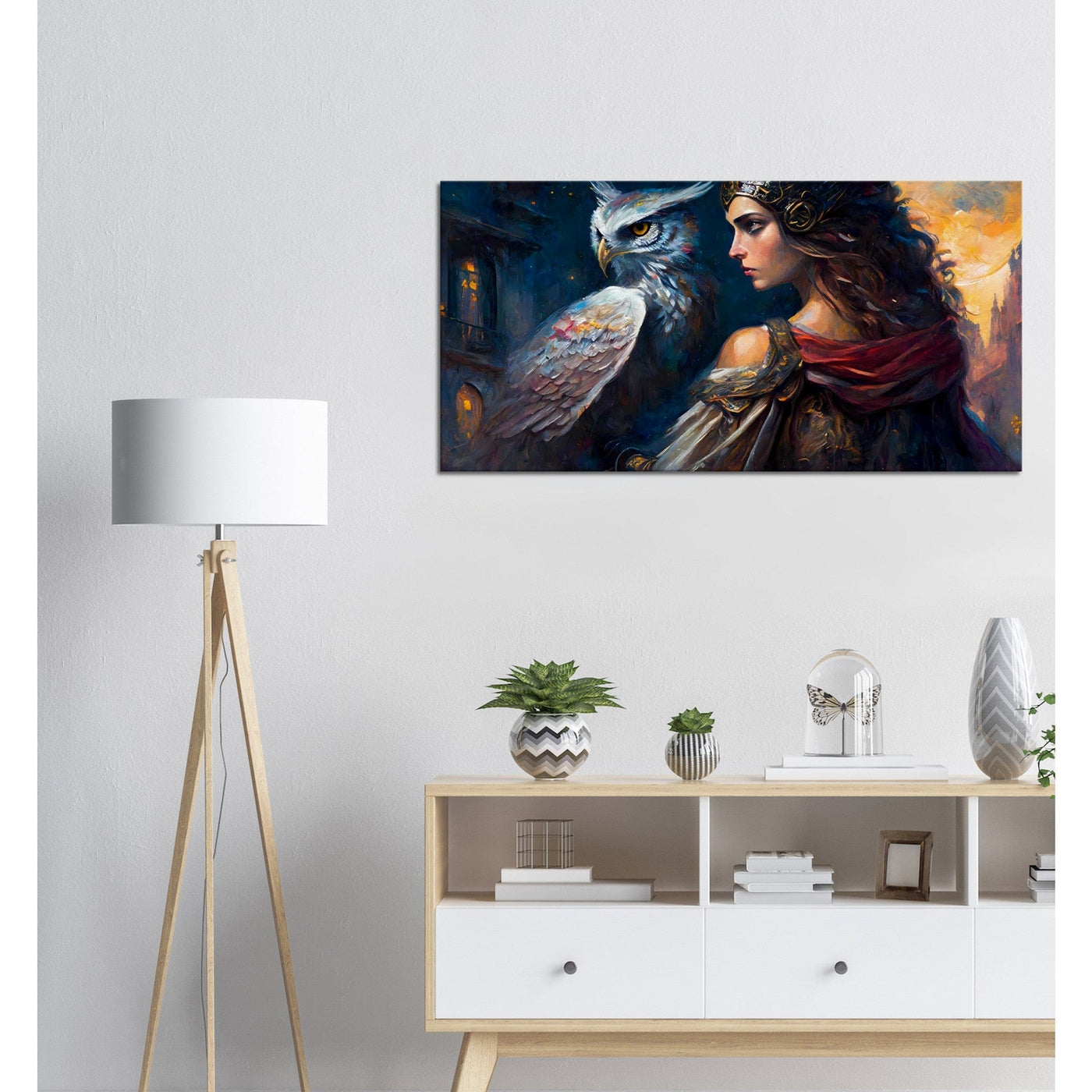 The Protector of the City: Athena and her Owl - Oil Painting Printed Canvas. 50X100.